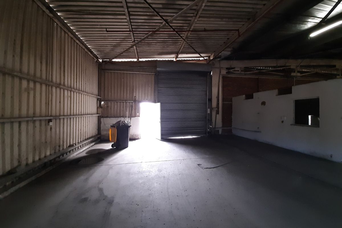 Spacious industrial utility area featuring high ceilings with exposed steel trusses, concrete flooring, and a large roller shutter door for vehicle or equipment access.