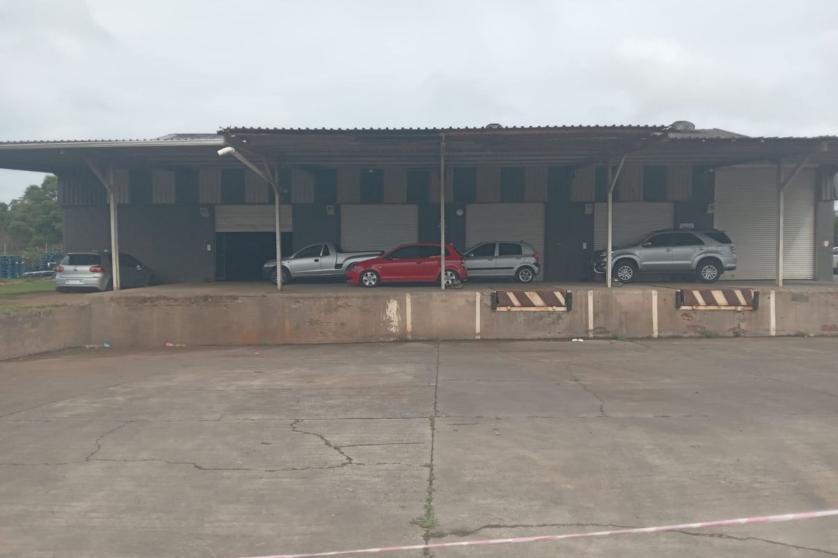 Industrial warehouse exterior featuring a covered loading dock with multiple roller shutter doors and a concrete loading apron.