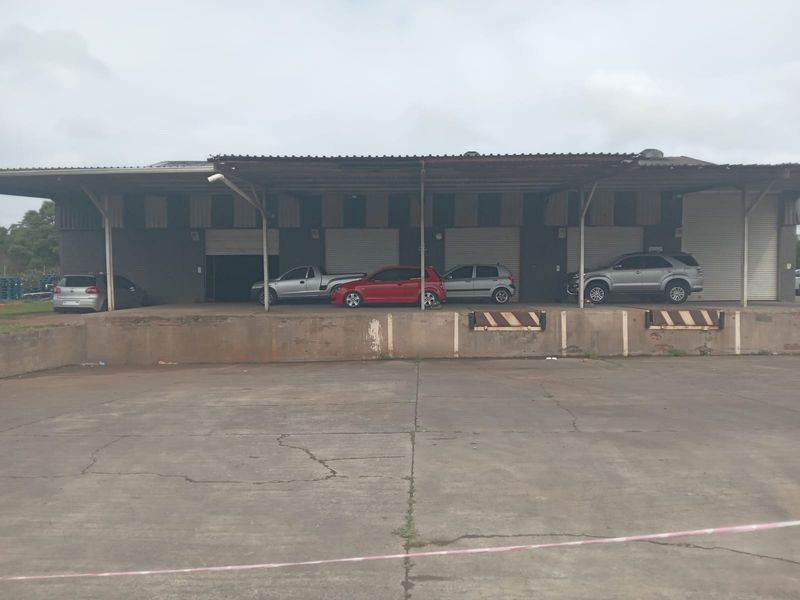 Industrial warehouse exterior featuring a covered loading dock with multiple roller shutter doors and a concrete loading apron.