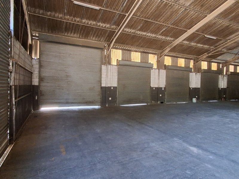 Spacious industrial warehouse unit featuring multiple roller shutter doors, concrete flooring, and exposed steel roof trusses, suitable for storage or workshop use.