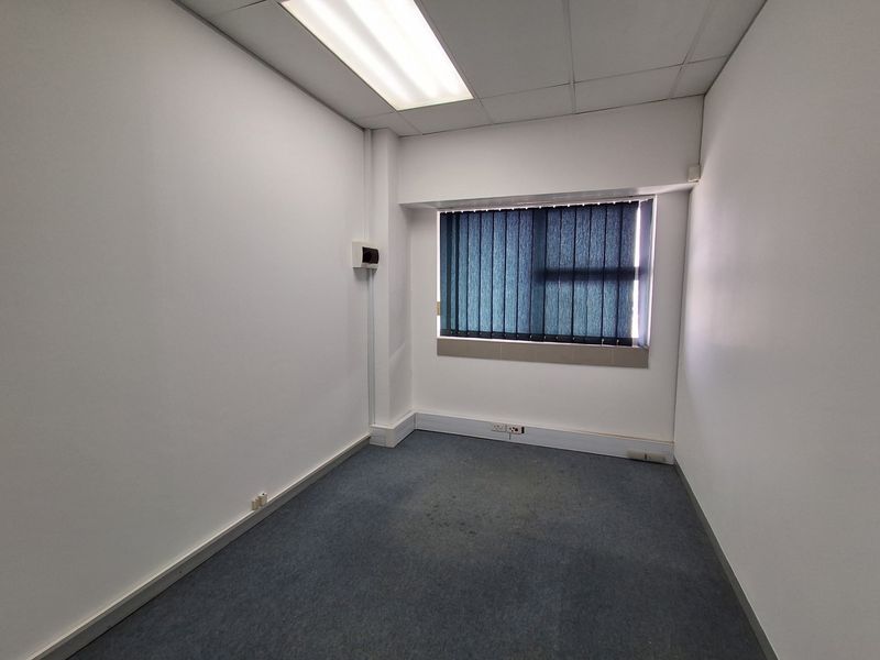 A vacant, functional office space featuring carpeted flooring, a suspended ceiling with integrated lighting, and a window fitted with vertical blinds.