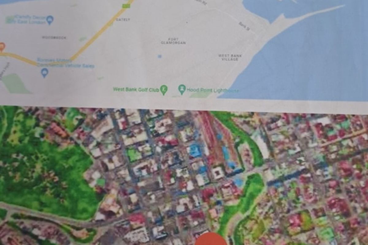 An aerial map view showing the location of the commercial vacant land parcel situated near the Buffalo River in East London.