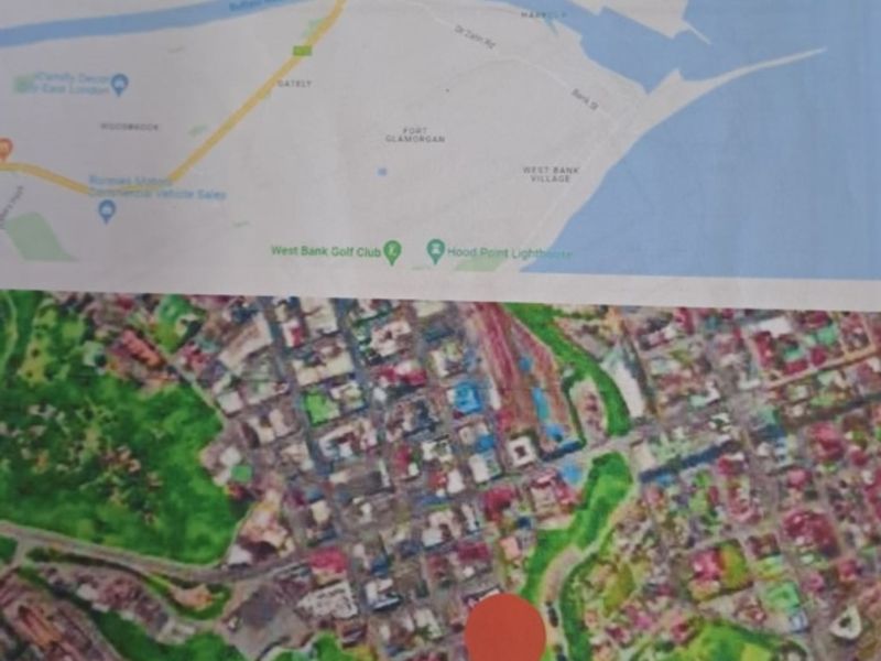 An aerial map view showing the location of the commercial vacant land parcel situated near the Buffalo River in East London.