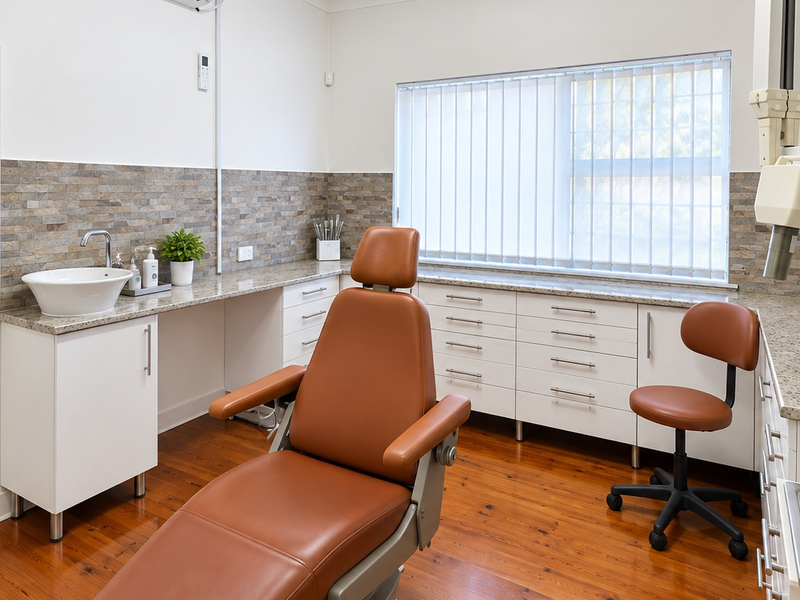 A well-maintained clinical or treatment room featuring built-in cabinetry, stone-look countertops, a sink, and polished timber flooring.