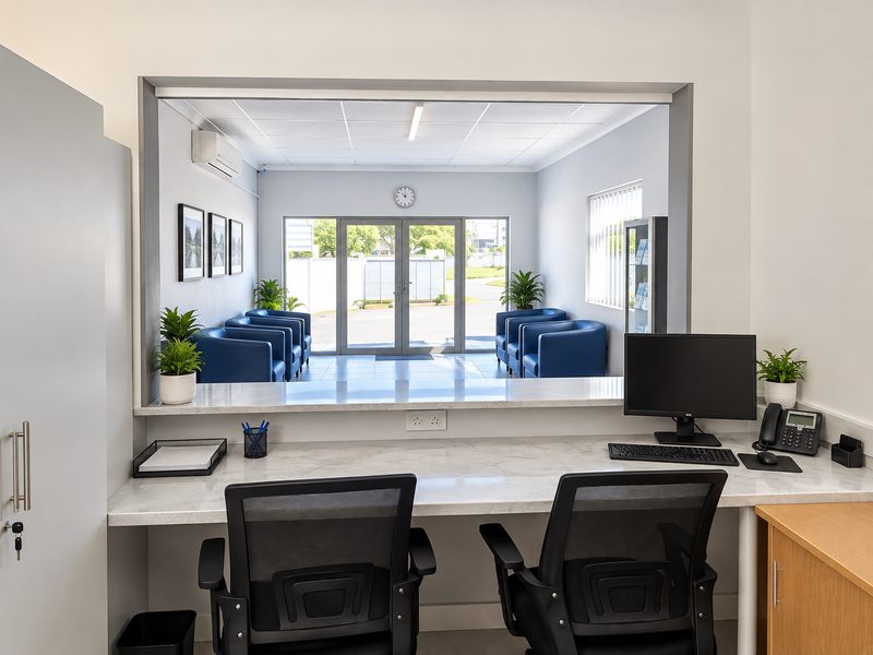 A professional commercial office reception area featuring a built-in stone-topped desk, modern finishes, and a clear view into the waiting area through a service window.