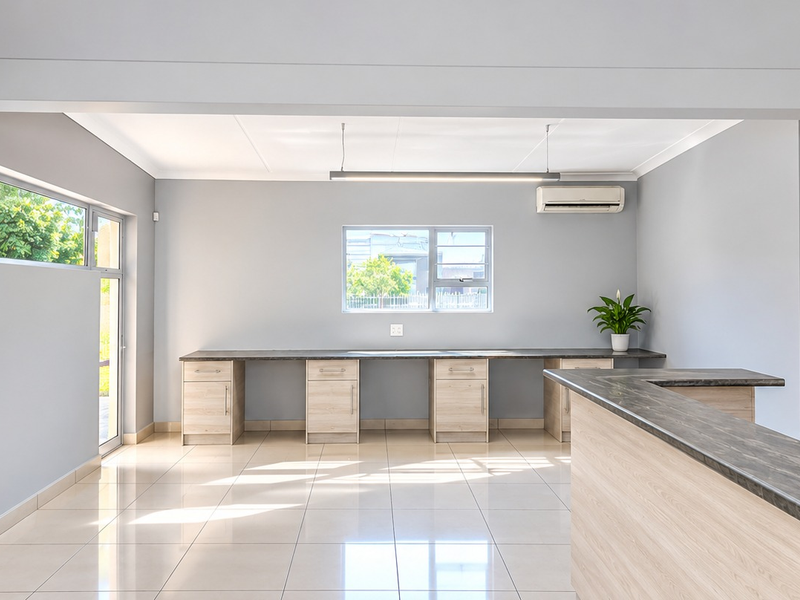 A bright, modern office space featuring built-in desk cabinetry, tiled flooring, split-system air conditioning, and large windows providing ample natural light.