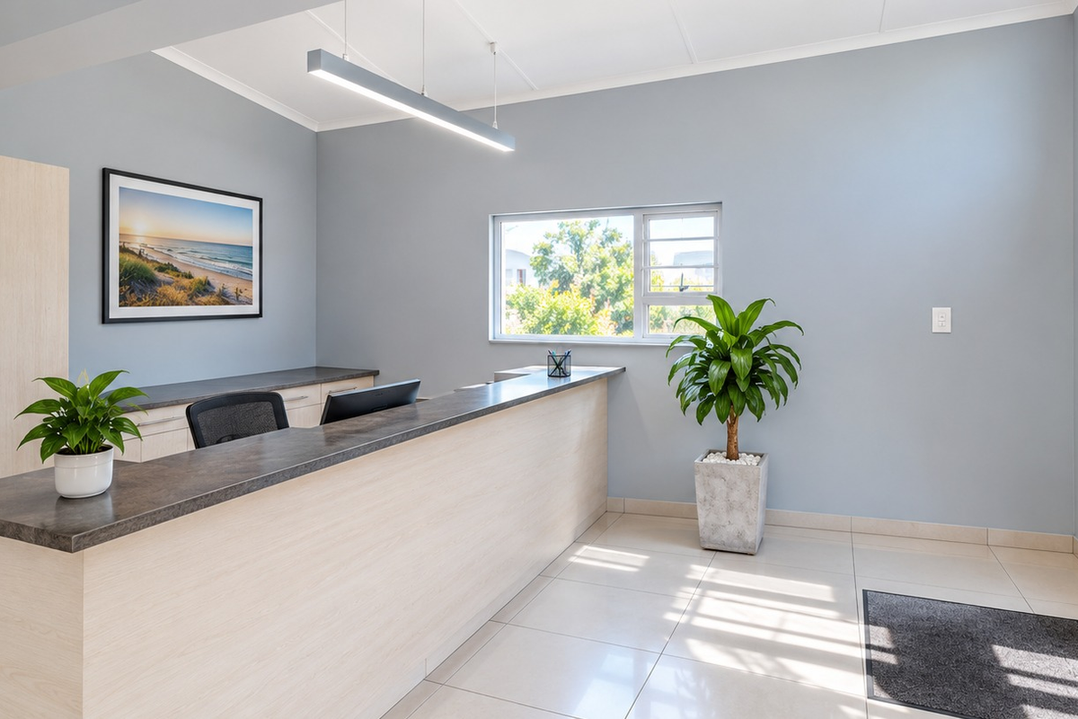 A professional commercial reception area featuring a modern built-in desk, light-toned cabinetry, tiled flooring, and ample natural light from the window.