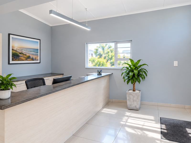 A professional commercial reception area featuring a modern built-in desk, light-toned cabinetry, tiled flooring, and ample natural light from the window.