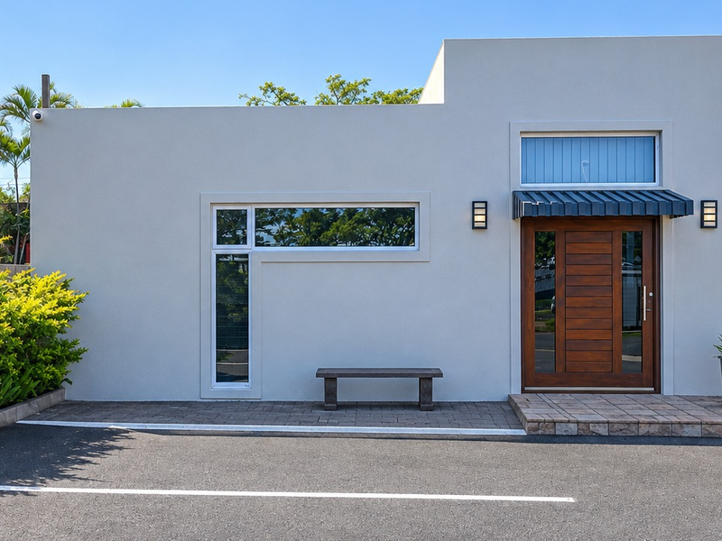 Modern commercial building facade featuring a clean rendered finish, timber entrance door, and paved parking area.