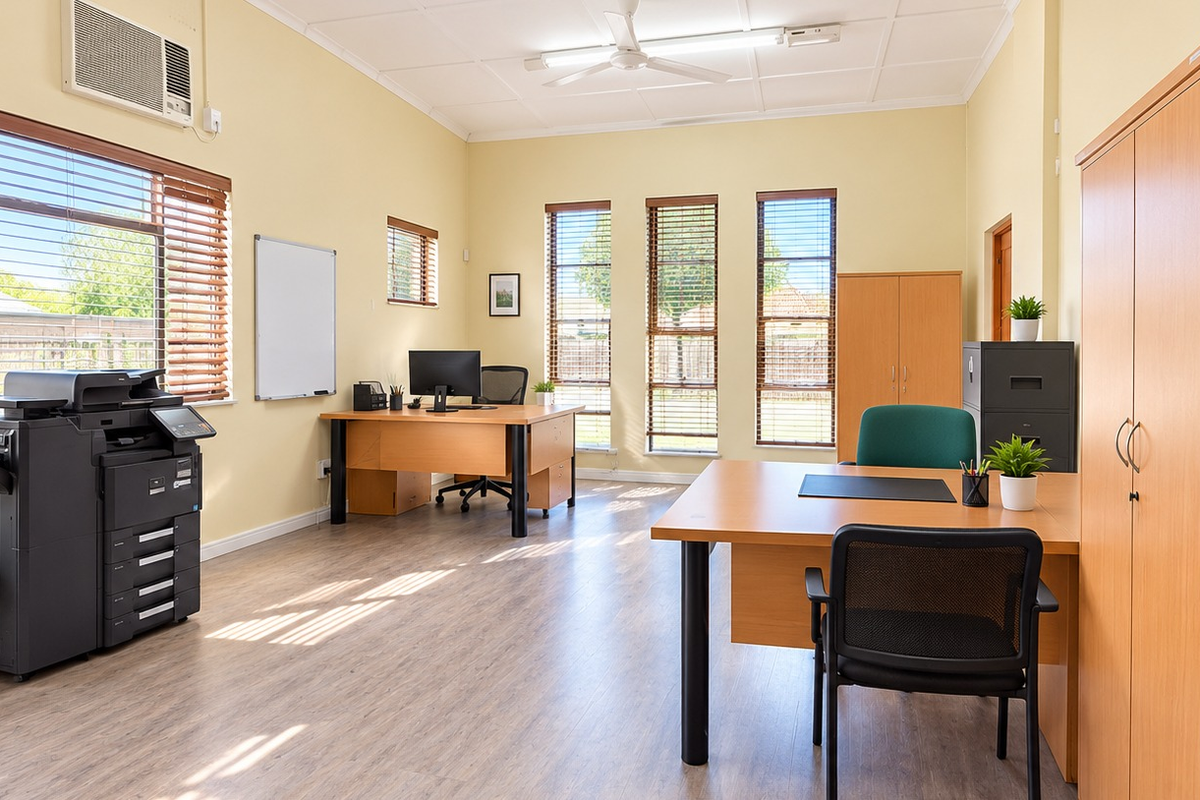 A bright and well-maintained office space featuring laminate flooring, multiple windows with venetian blinds, a ceiling fan, and integrated air conditioning.