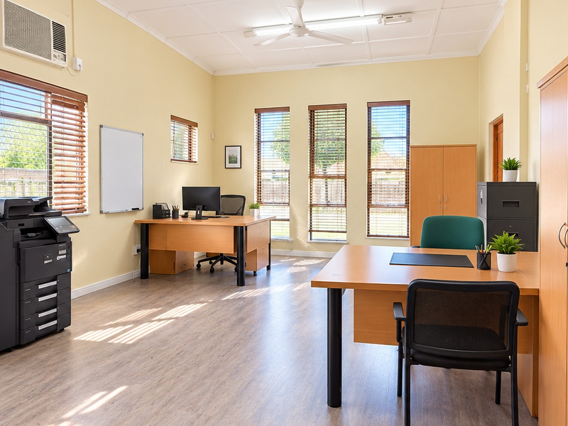 A bright and well-maintained office space featuring laminate flooring, multiple windows with venetian blinds, a ceiling fan, and integrated air conditioning.