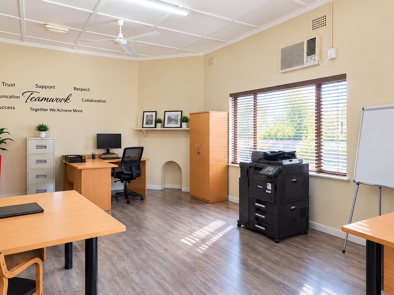 A well-lit office space featuring laminate flooring, a ceiling fan, and a wall-mounted air conditioning unit, providing a functional and professional work environment.