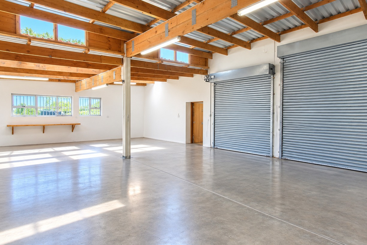 Spacious open-plan office or industrial workspace featuring polished concrete floors, exposed timber ceiling beams, and dual roller shutter doors for easy access.