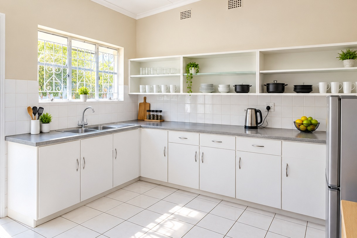 A bright and well-maintained kitchen featuring white cabinetry, ample open shelving, durable laminate countertops, and a functional double sink with direct garden access.