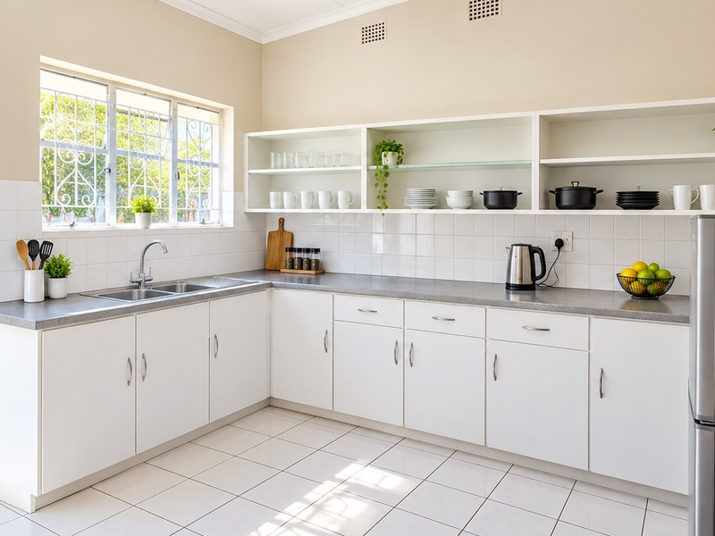 A bright and well-maintained kitchen featuring white cabinetry, ample open shelving, durable laminate countertops, and a functional double sink with direct garden access.