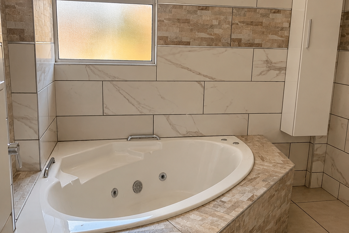 A modern bathroom featuring a corner bathtub with tiled surround, neutral wall tiling, and a built-in storage cabinet.