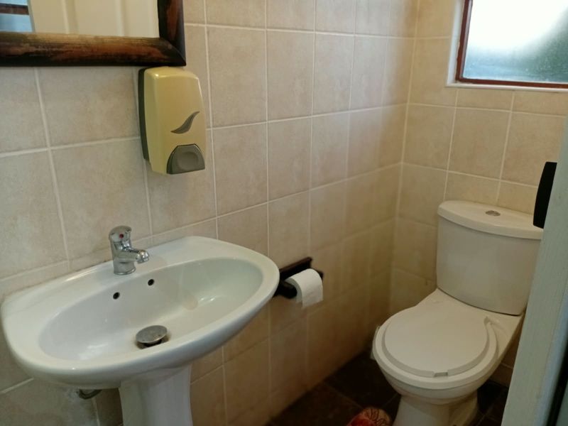 A compact bathroom featuring a pedestal washbasin, toilet, and neutral ceramic wall tiling.