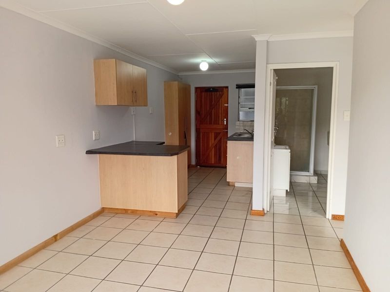 Open-plan living area featuring tiled flooring, a compact kitchen with laminate countertops, and direct access to an adjoining bathroom with a shower enclosure.