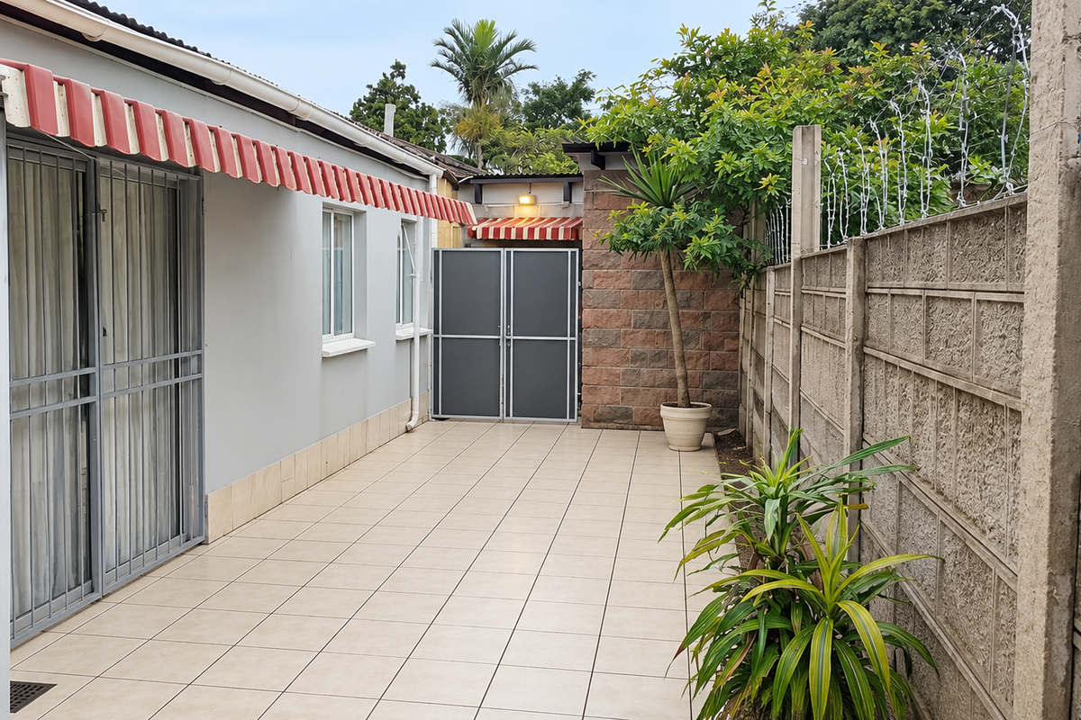 A paved outdoor patio area featuring a retractable awning, secure sliding door access, and a private boundary wall with security fencing.