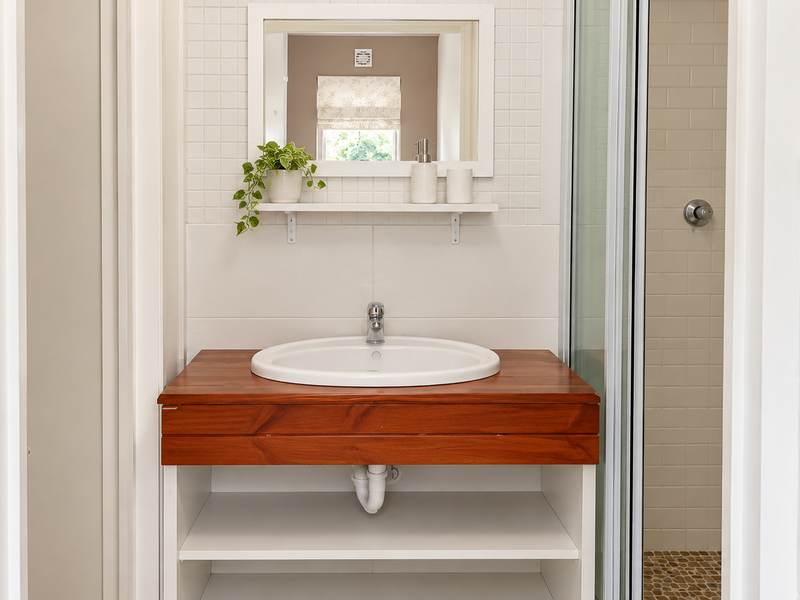 A clean bathroom featuring a wooden vanity with a basin, a wall-mounted mirror, and a separate shower enclosure with tiled finishes.