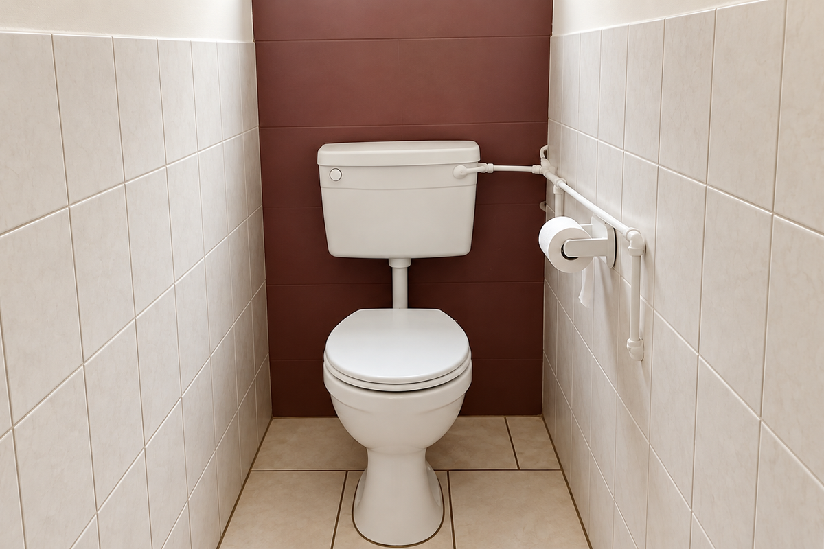 A clean, functional bathroom featuring a white toilet, grab rail, and contrasting neutral and dark red wall tiling.