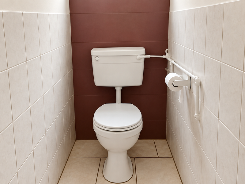 A clean, functional bathroom featuring a white toilet, grab rail, and contrasting neutral and dark red wall tiling.