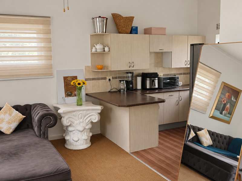 Open plan living area featuring a compact kitchen with laminate cabinetry, tiled backsplash, and integrated breakfast counter, seamlessly connected to the lounge space.