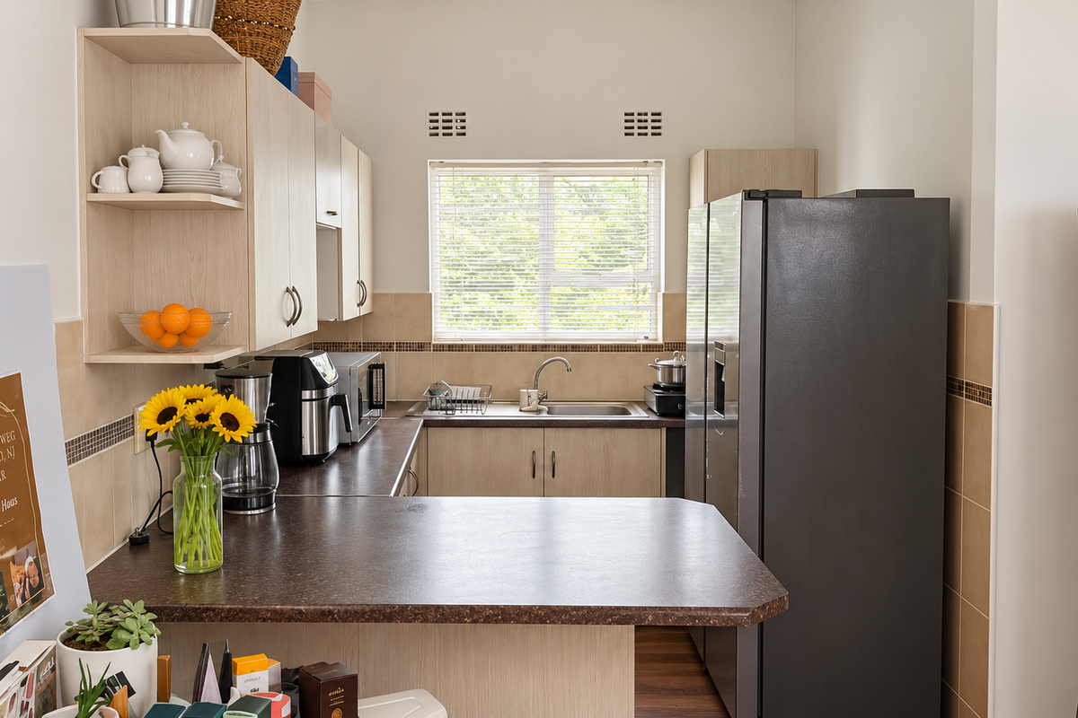 A functional kitchen featuring light wood-tone cabinetry, dark laminate countertops, a stainless steel sink, and a tiled backsplash with natural light.