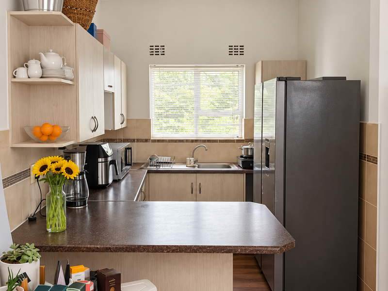 A functional kitchen featuring light wood-tone cabinetry, dark laminate countertops, a stainless steel sink, and a tiled backsplash with natural light.