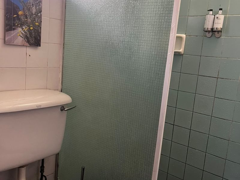 A functional bathroom featuring a toilet and a shower enclosure with dated wall tiling and flooring, offering potential for a modern renovation.