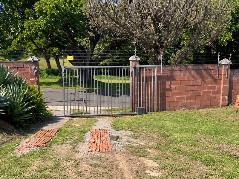 Front exterior view featuring a brick boundary wall with electric fencing and a metal driveway gate, with unfinished ground surfacing in the driveway area.