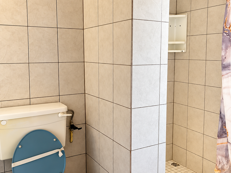 A functional bathroom featuring a toilet and a tiled shower enclosure with built-in shelving, requiring cosmetic updates to modernize the space.