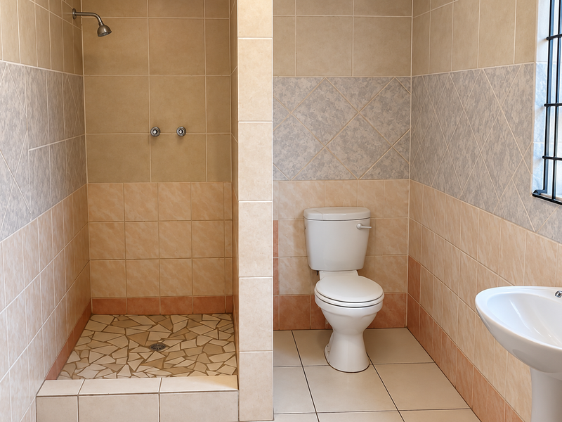 A functional bathroom featuring a walk-in shower, pedestal basin, and toilet, finished with neutral ceramic wall and floor tiling.