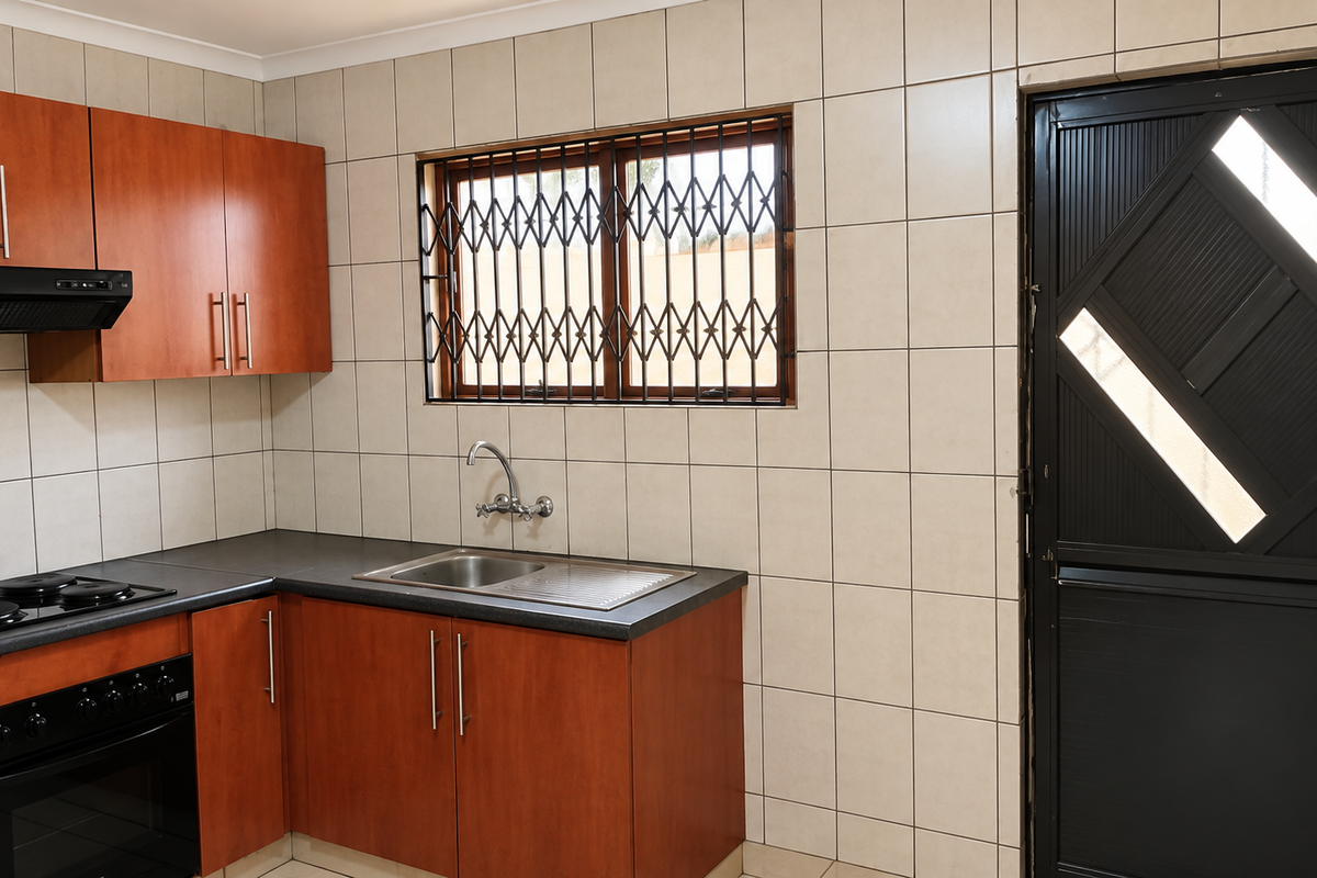 A functional kitchen featuring wood-finish cabinetry, dark countertops, integrated appliances, and tiled wall finishes, providing a clean and practical workspace.