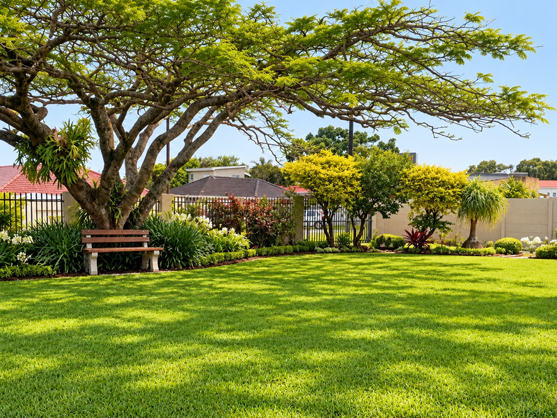 A beautifully maintained, lush green garden featuring mature trees, manicured landscaping, and secure perimeter walling with metal fencing.