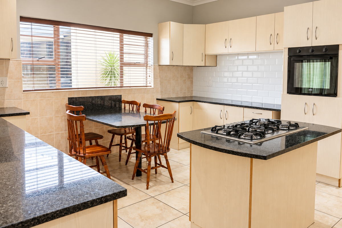 A functional kitchen featuring light wood cabinetry, granite countertops, a central island with a gas hob, and a built-in oven.