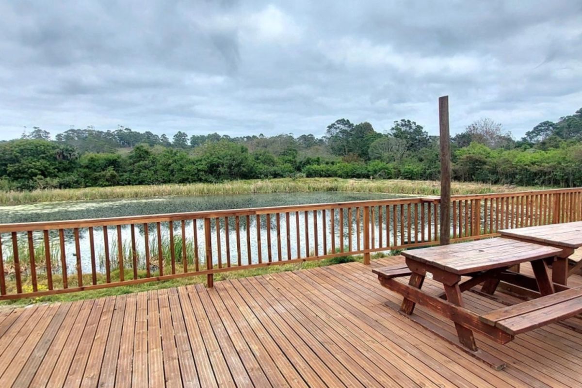 A spacious timber deck featuring a wooden balustrade, offering scenic views over a natural pond and surrounding greenery.