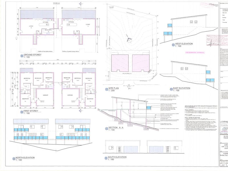 Architectural floor plans, site plan, and building elevations for a residential property development.