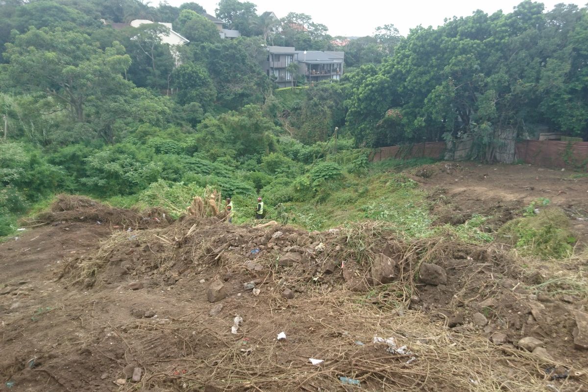 A view of a sloped, partially cleared residential vacant land plot with dense surrounding vegetation.