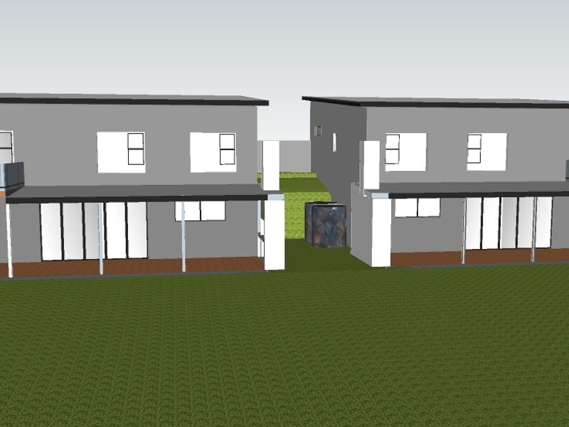 A 3D architectural rendering showing the rear elevation of two modern residential units featuring balconies, ground-level decking, and sliding glass doors.
