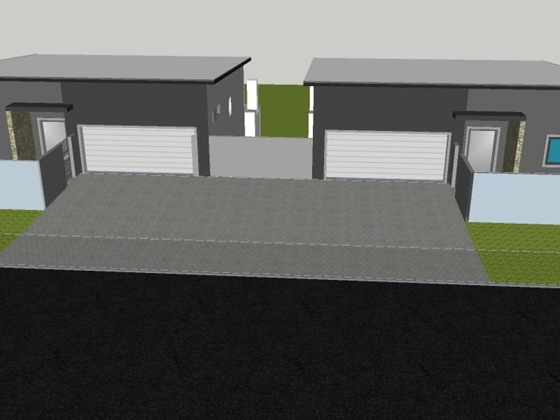 A 3D architectural rendering of a residential property featuring a double garage, paved driveway, and boundary walling.