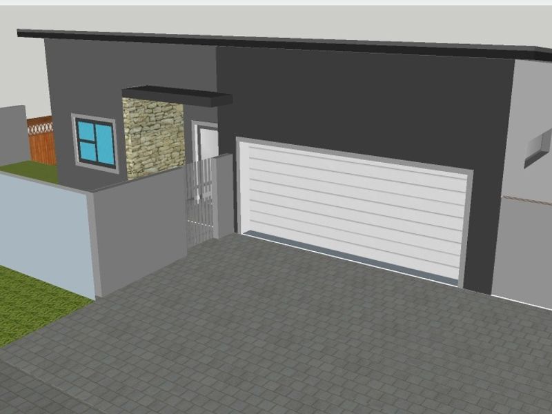 A 3D architectural rendering of a modern residential property featuring a paved driveway, single garage, and stone-accented entrance.