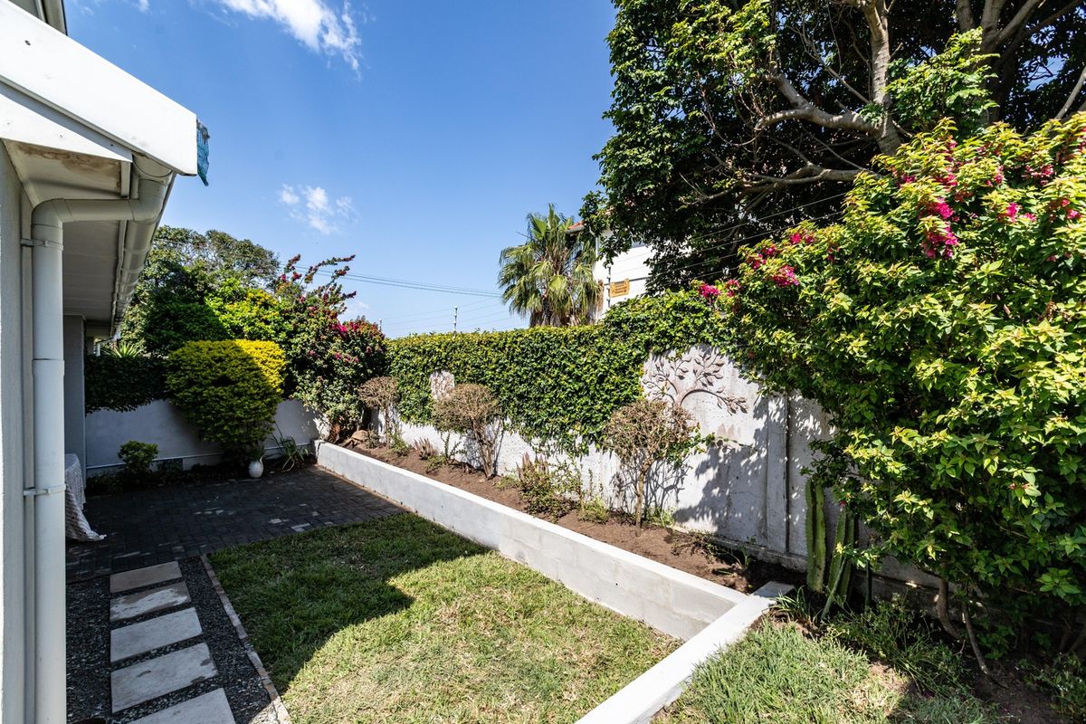 A private rear garden featuring a paved patio area, a raised concrete retaining wall, and established boundary wall landscaping.