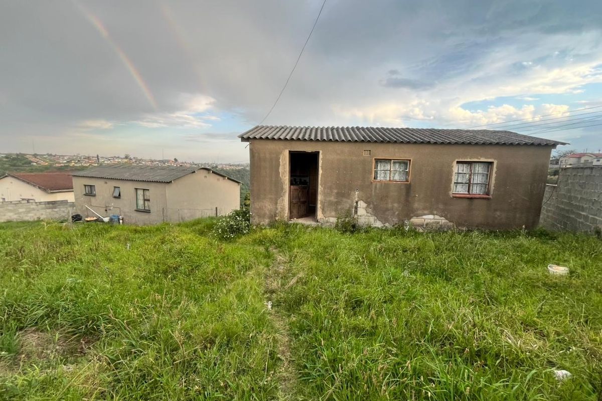 Rear view of a detached house featuring masonry construction, corrugated roofing, and a large surrounding yard area in need of maintenance.