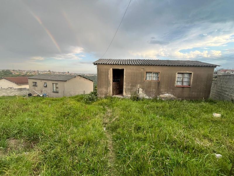 Rear view of a detached house featuring masonry construction, corrugated roofing, and a large surrounding yard area in need of maintenance.