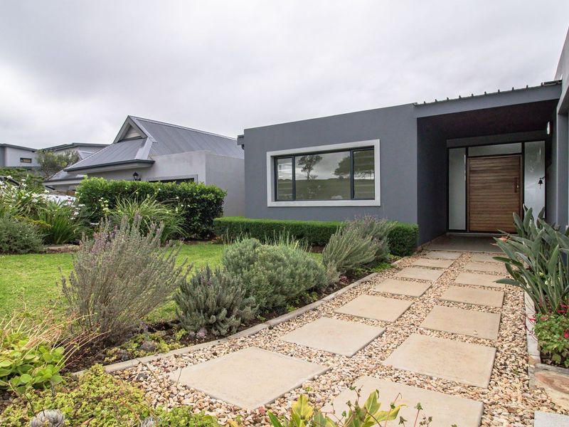 Modern front facade featuring a paved walkway, landscaped garden, and a contemporary timber entrance door.