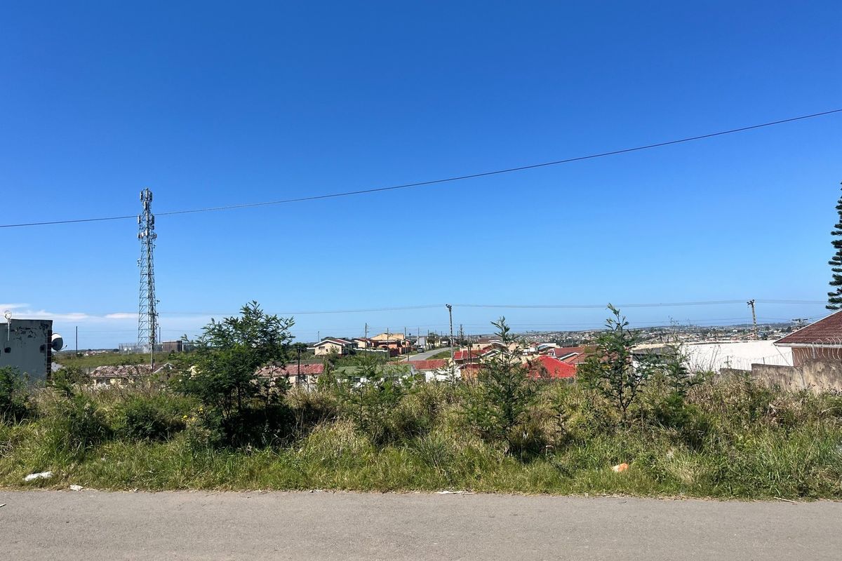 A view from the vacant residential land overlooking the surrounding neighborhood, featuring a telecommunications tower and overhead power lines.