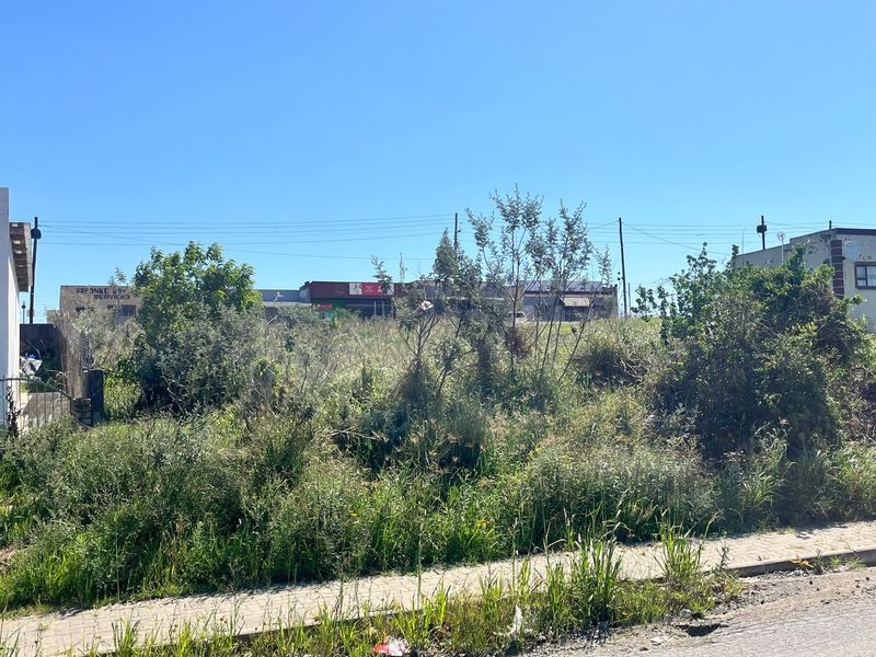 A vacant residential plot featuring overgrown vegetation, adjacent to a paved sidewalk with visible utility infrastructure in a suburban setting.