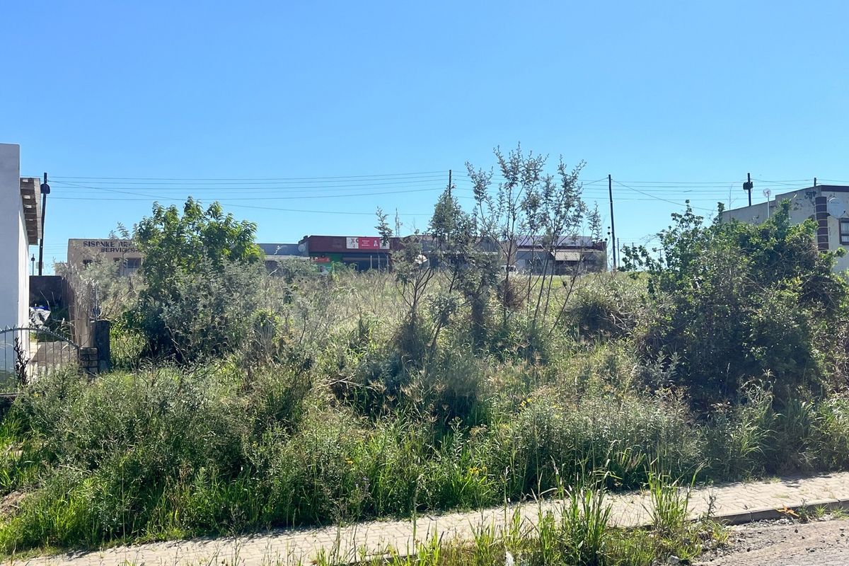 A vacant residential plot featuring overgrown vegetation and a paved sidewalk, situated in a developed area with nearby commercial infrastructure.