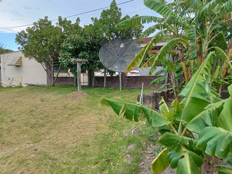 A backyard garden area featuring a lawn, mature trees, a brick boundary wall, and a satellite dish installation.